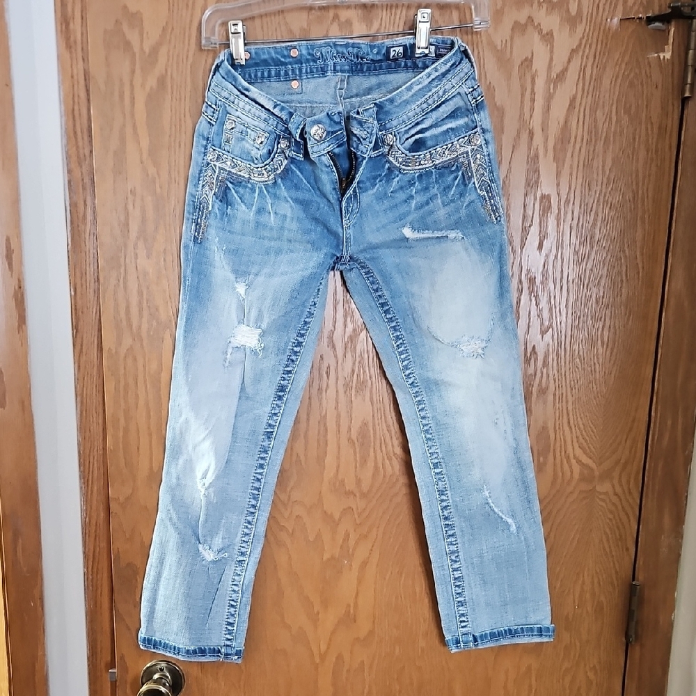 Miss Me Light Blue Distressed Ankle Jeans with Beaded Pocket Trim